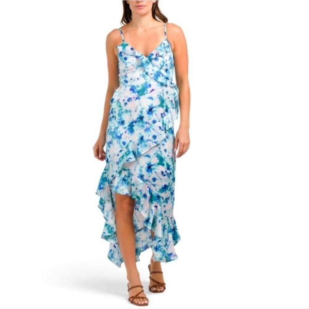 JAPNA‎ Womens Large Ruffle Fairycore Maxi Floral Beachy Flowy Boho Casual Dress